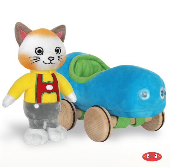Huckle Cat Soft Toy is made of soft snow-white plush with orange accents and dressed in a bright yellow shirt, gray pants, and red suspenders. True to Scarry's original illustrations, Huckle Cat's eager embroidered face and perked-up ears. His soft blue plush go-cart with working wooden wheels, clear plastic headlights, and contrast interior waits to take him around Busytown. 