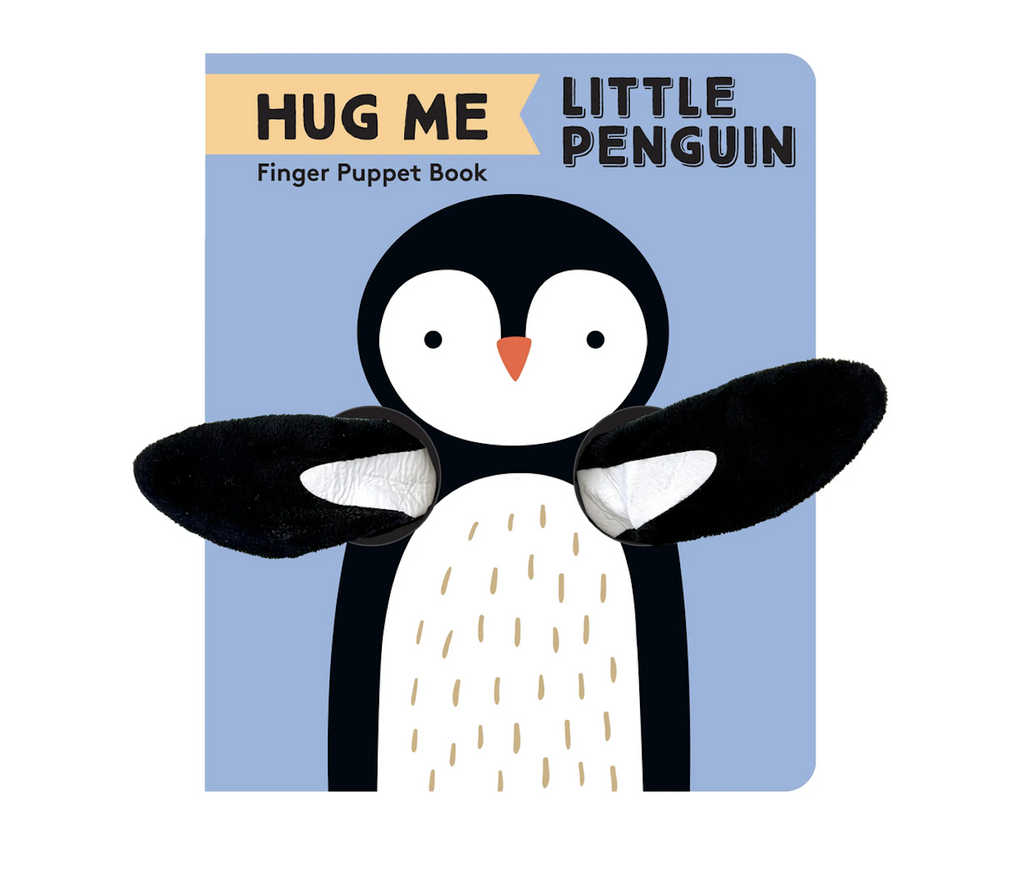 A board book for baby featuring an illustrated penguin with plush arms that are finger puppets and follow along with the story to give hugs throughout. 