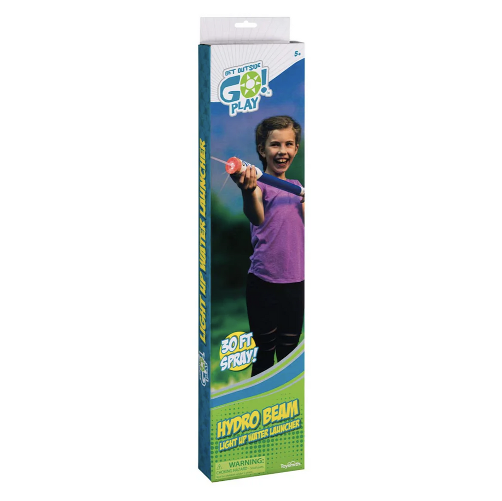 Hydro Beam Light Up Water Launcher packaged in a box with a picture of a child spraying a blast of water. 