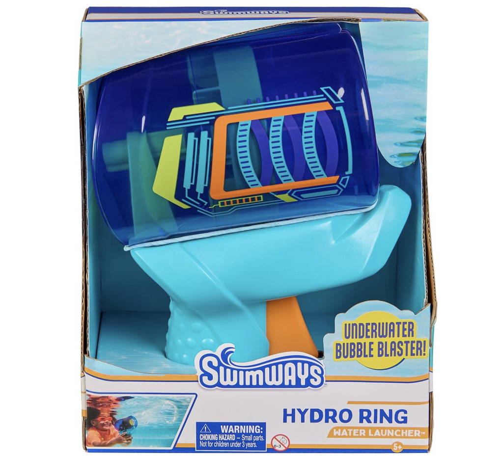 Hydro Ring Underwater Bubble Blaster packaged in an open box that shows the blue , orange and yellow water launcher. 