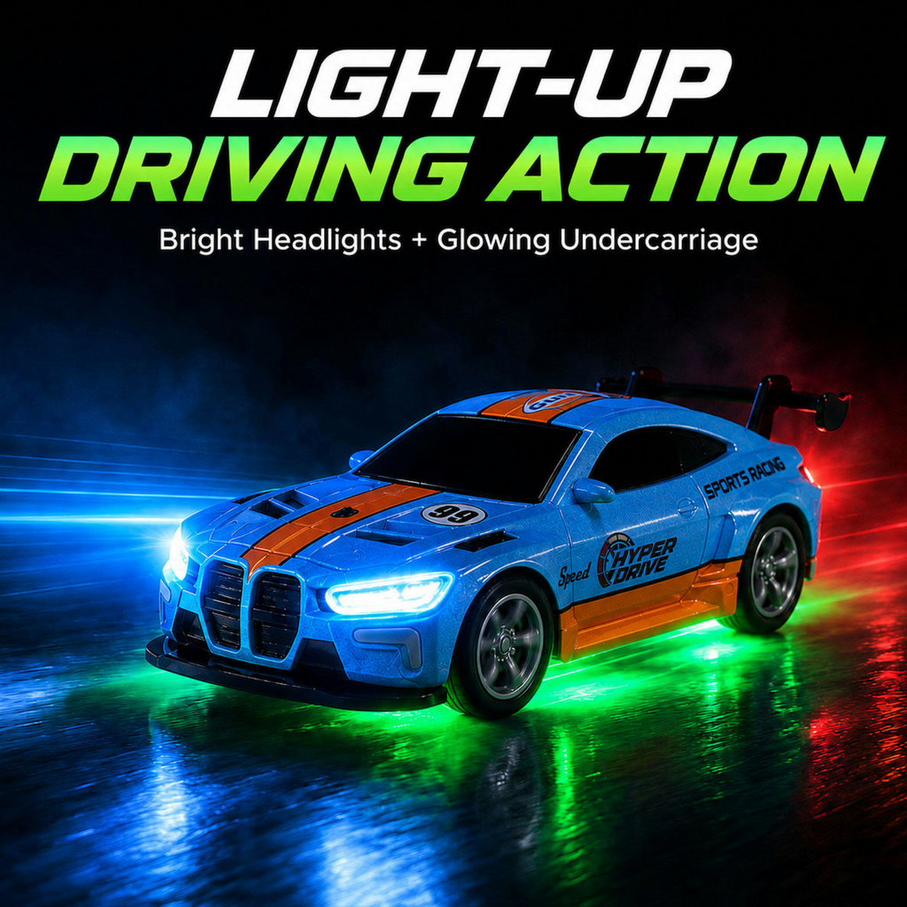 The Hyper Drive Mini RC Car pictured with the bright multicolored  LED undercarriage lights illuminated. 