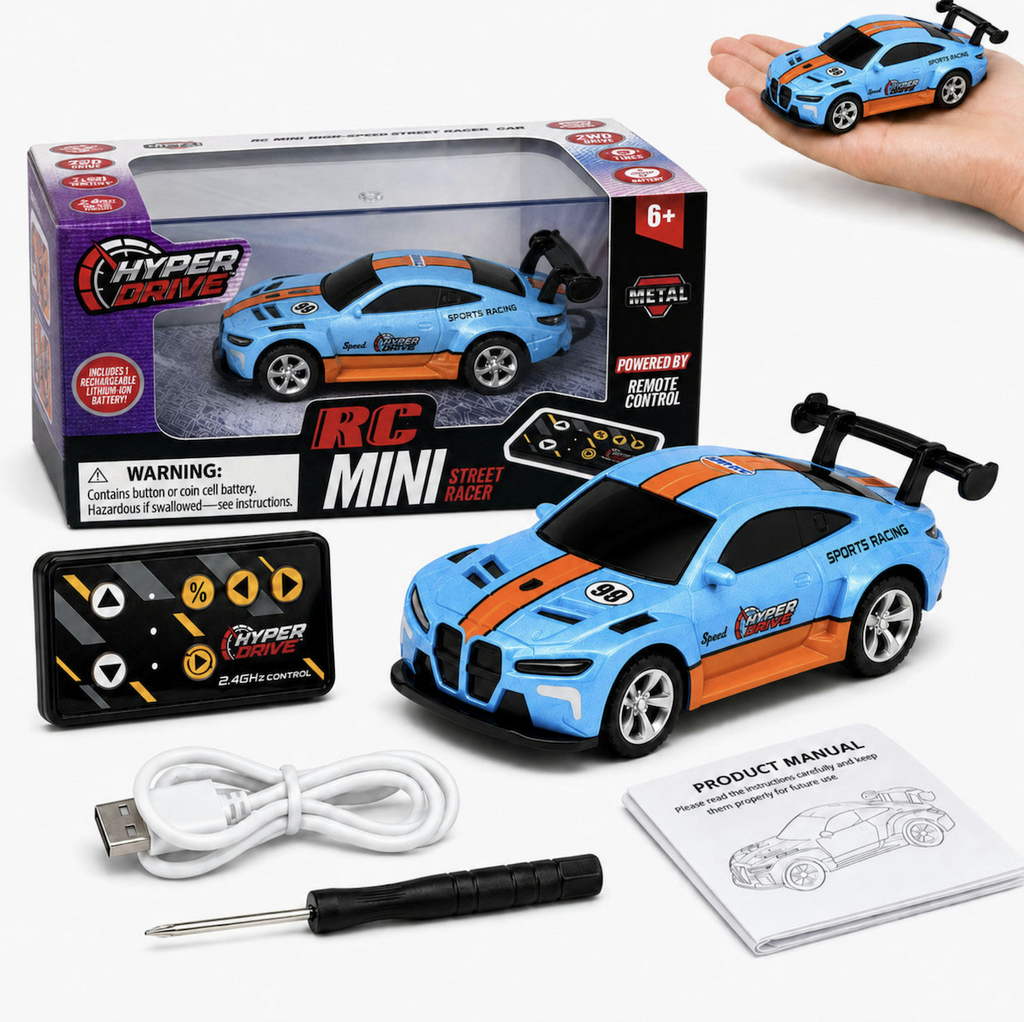 The Hyper Drive Mini RC Race Car  packaged in a box with a window that shows the car and each component placed in front of the box. The tiny remote, charging cable, mini screwdriver and blue and orange car. 