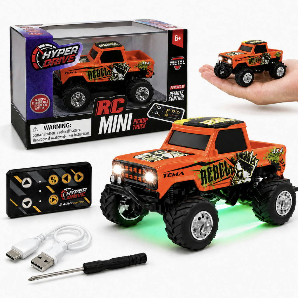 The Hyper Drive Mini RC Retro Truck with the undercarriage illuminated with bright LED lights, a tiny screwdriver and mini remote. 