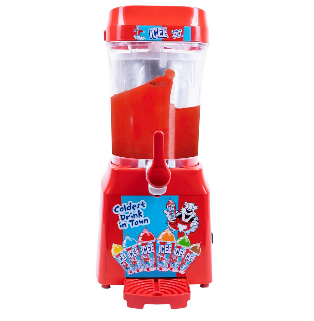 A close up picture of the slushie machine in action with red slushie being blended inside. 
