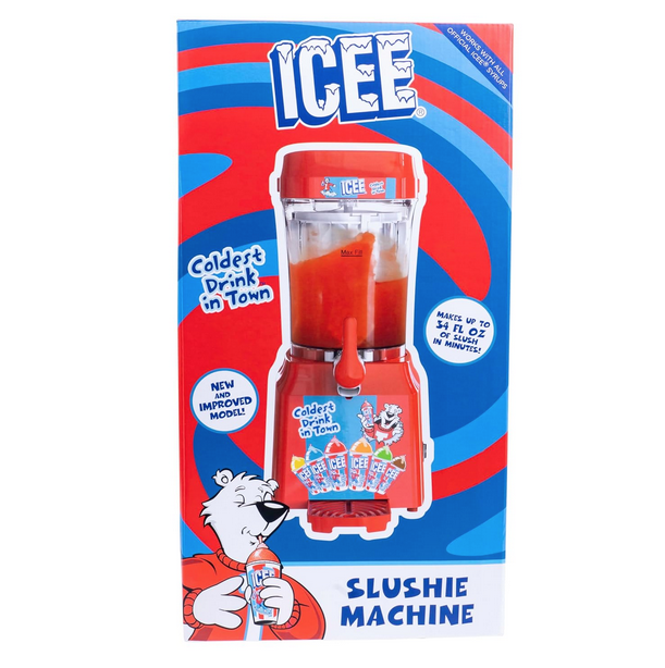 Box for the ICEE Slushie machine with red and blue swirling in the background with a picture of the slushie machine on the front and an illustration of the slushie bear.