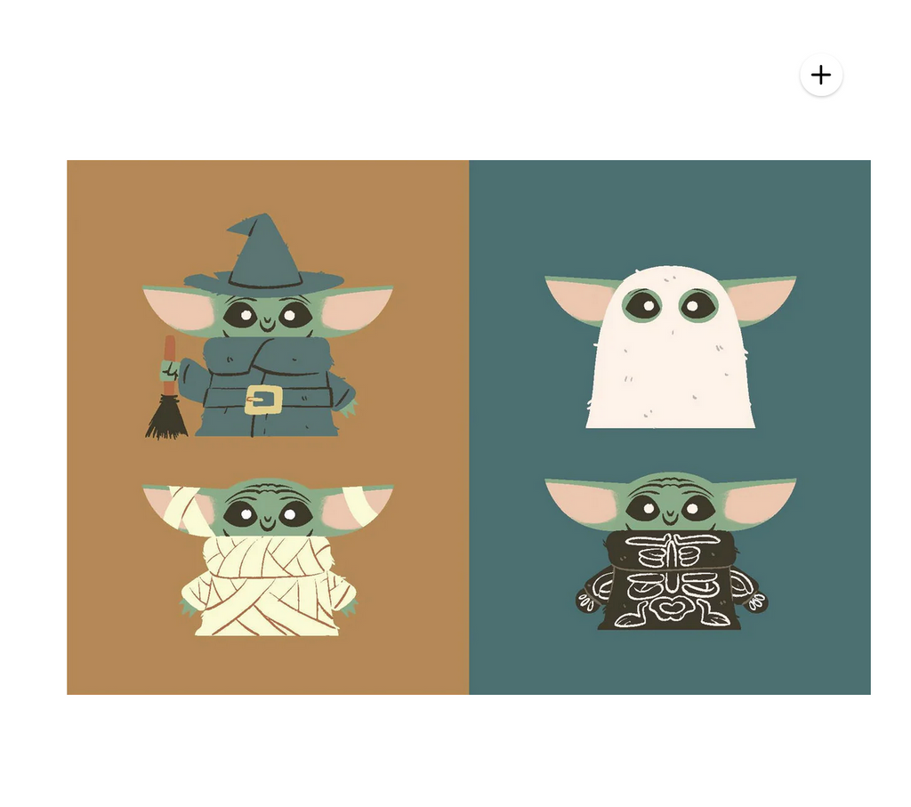 Four cartoon characters of Baby Yoda  in different outfits on a brown and blue background