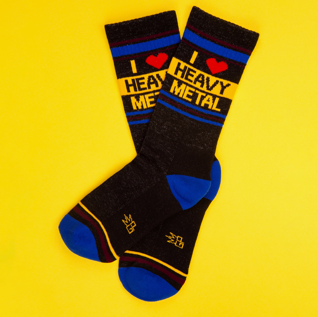 A pair of black tube socks with bright blue and yellow stripes that read " I Love Heavy Metal" 