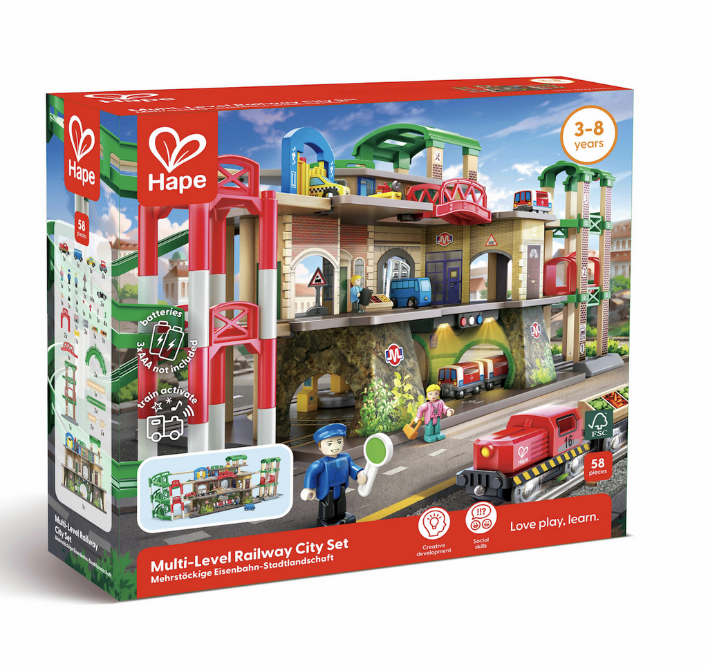 The Multi Level Railway City Set packaged in a big box featuring a color picture of the railway set with the vehicles and figures placed around the track. 