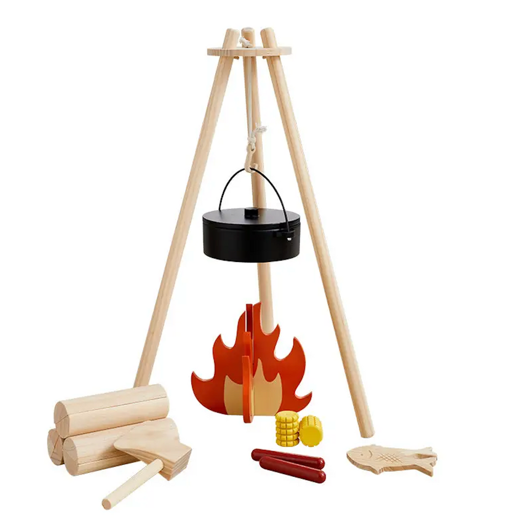 Wooden playset including a campfire cooking set, play food and toy wood and axe. 