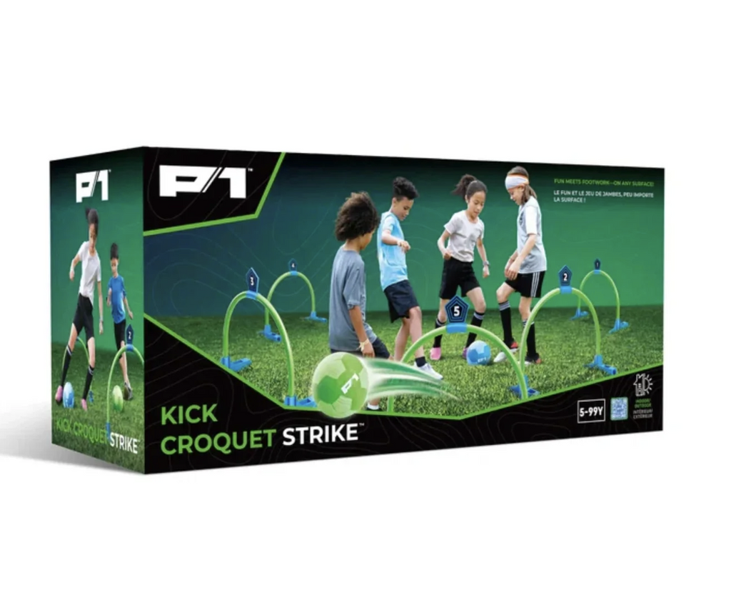 Kick Croquet Strike box featuring a group of kids playing the game which is a blend of soccer and croquet. 