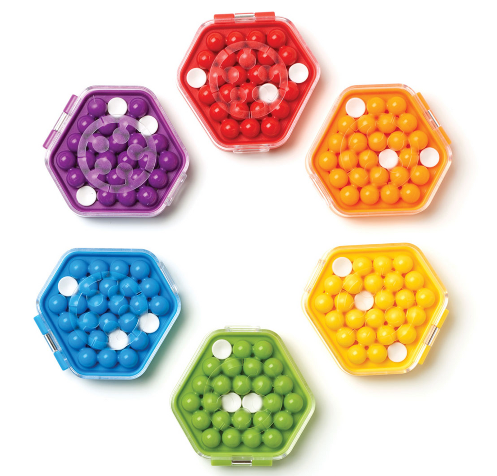 IQ Mini Hexpert game in available assorted colors of red, orange, yellow, green, blue, and purple.