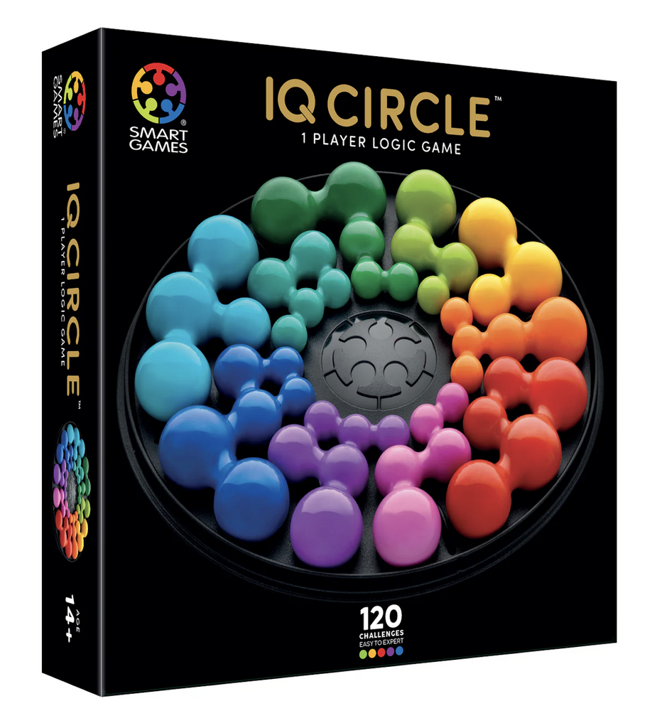 Black box with a colorful picture of the IQ Circle Logic Game that has the differently colored game pieces arranged on the grid. 