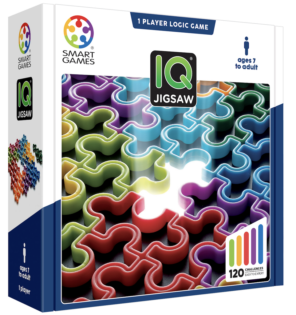 IQ Jigsaaw puzzle game box with close up image of the game in play. 