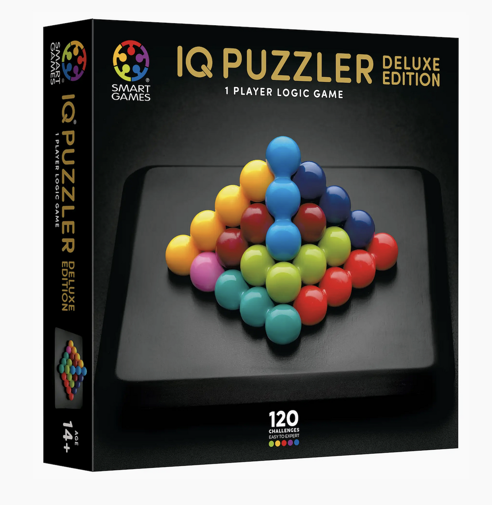 IQ Puzzler Deluxe Edition 1 player logic game in a sleek black box with a full color picture of the colorful pieces in a 3D pyramid. 