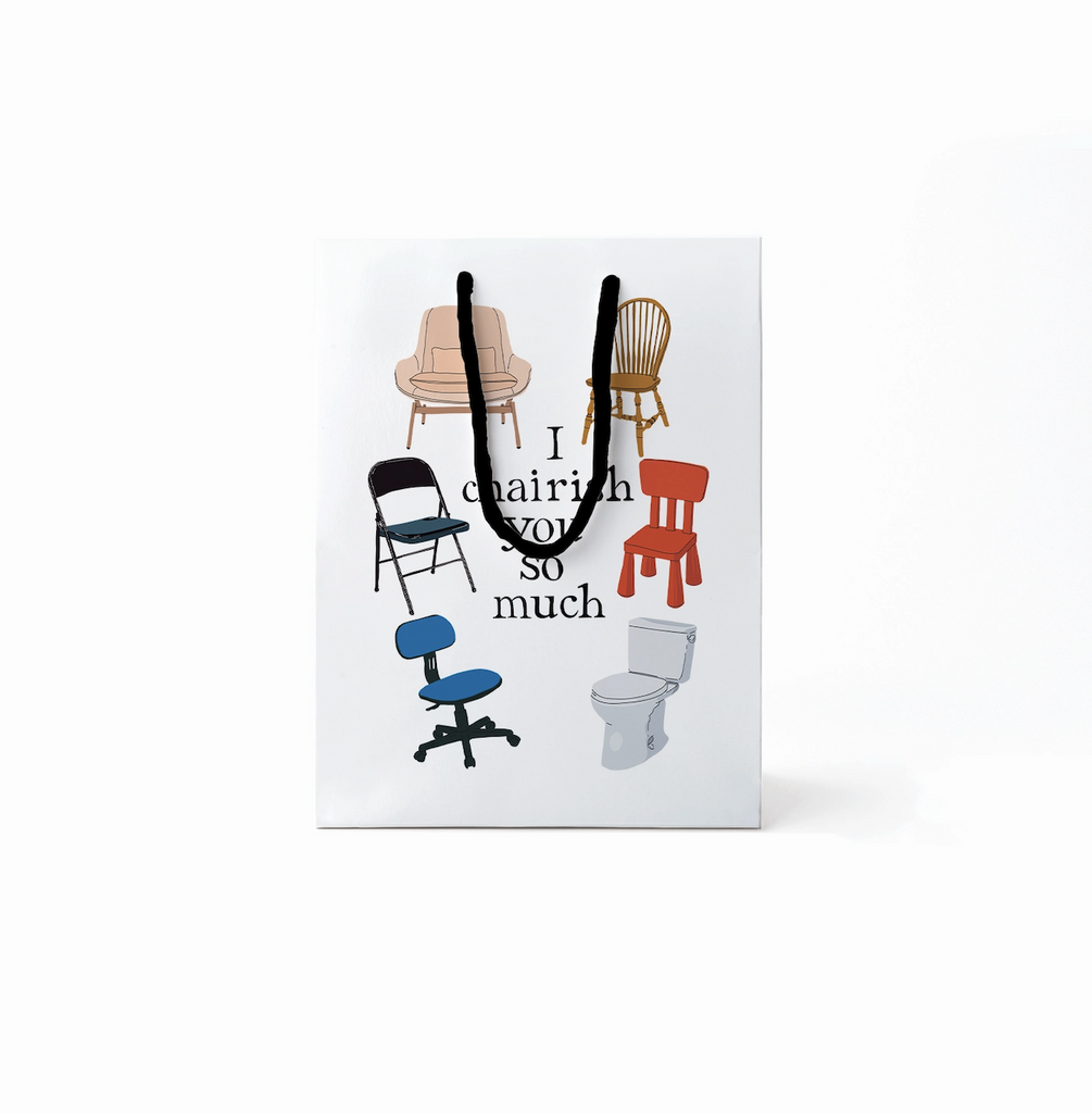 Small white gift bag with handles with illustrations of all sorts of chairs, from a metal folding chair, wooden kitchen chair, rolling office chair and even a toilet! The bag reads "I Chairish You So Much!"