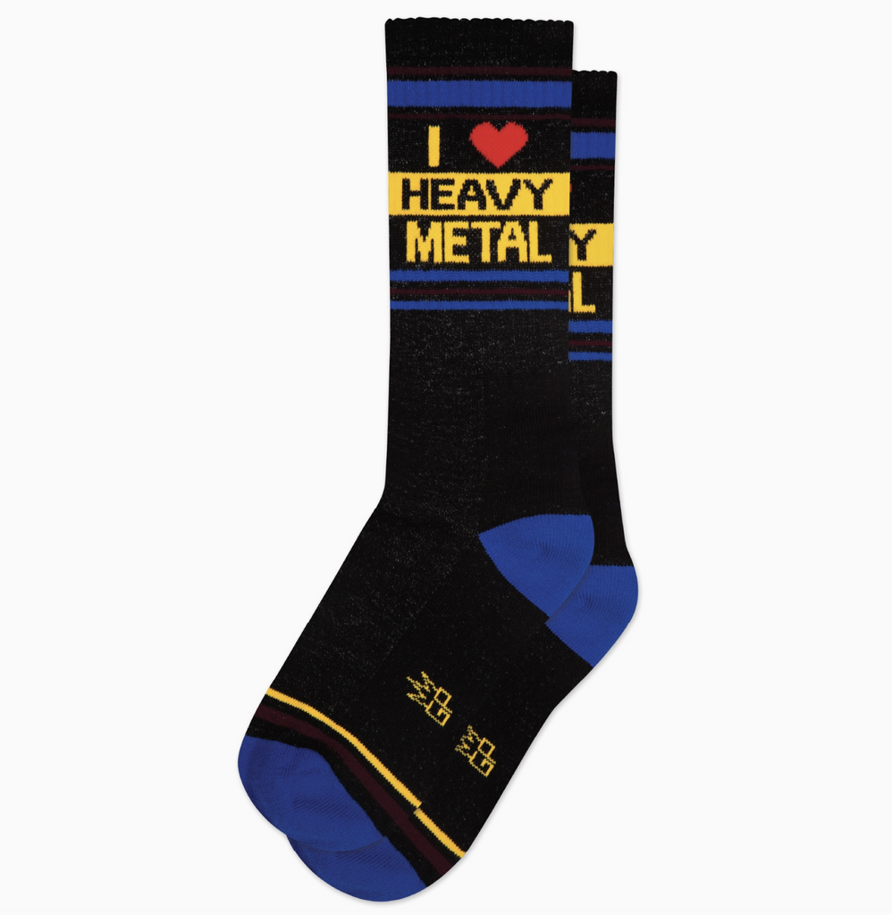 Black tube socks with bright blue and yellow stripes that read " I Love Heavy Metal" 