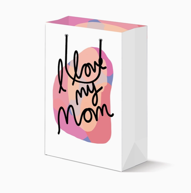 White gift bag with colorful swirl in the center with "I Love My Mom" written on the front.