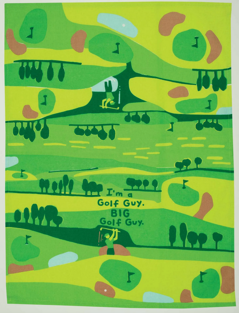 Dish towel with illustration of a lush green golf course with trees in the distace and a golfer taking a swing, that reads "I'm a Golf Guy Big Golf Guy"