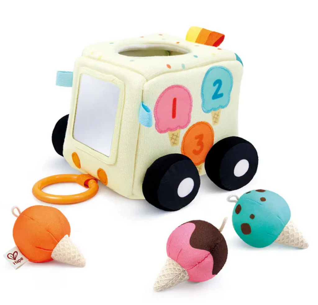 Plush ice cream truck with different textures, colors and numbers for baby to explore, along with plush ice cream cones to sort and shake. 