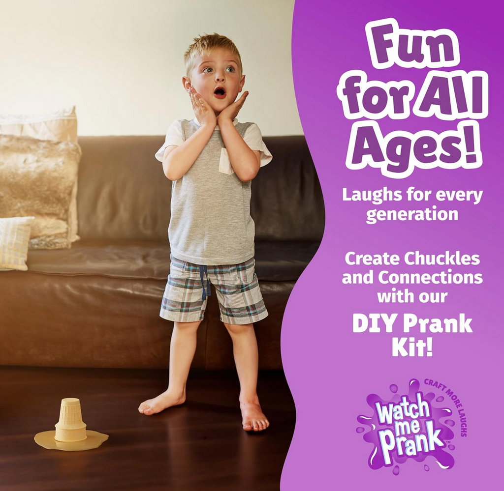 A young boy standing by the ice cream cone prank on thje floor. He looks surprised atv the mess of the melted ice cream cone on the floor. A banner on the side of the pocture reads "Fun for all ages! Laughs for every generation. Create chuckles and connections with out DIY Prank Kit!"