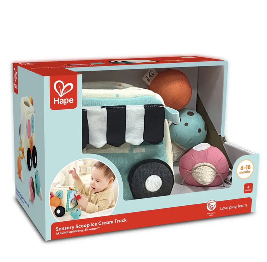 The Ice Cream Activity Cube packaged in an open box that allows one to feel the different textures of the Sensory Scoop Ice Cream Truck. 