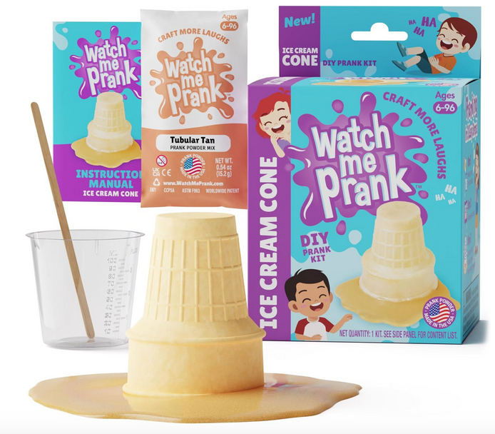 Ice Cream Cone Spill Prank Kit contents, packaging and completed ice cream cone spill. 