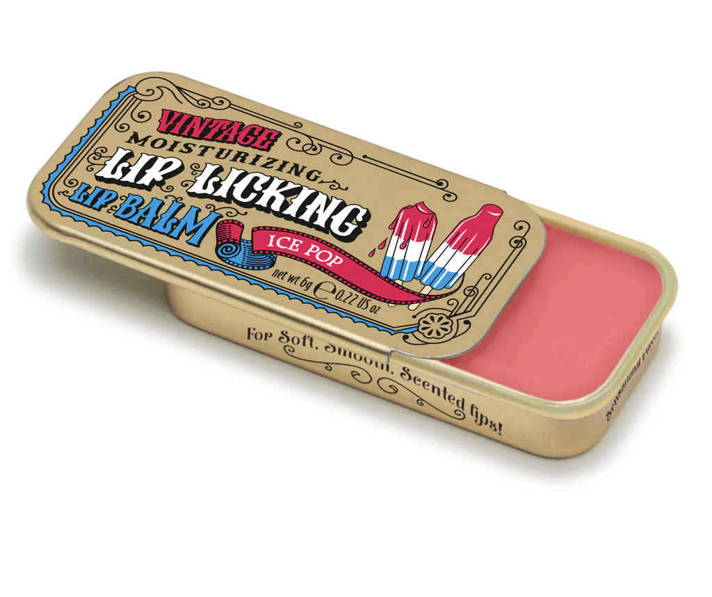Ice Pop flavored Lip Licking Lip Balm in a retro metal slider tin.