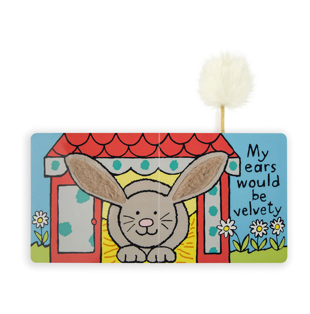 Interior page from "If I Were a Bunny Book" featuring a colorful bunny hut with a beige bunny peeking out and text that reads "My ears would be velvety" 