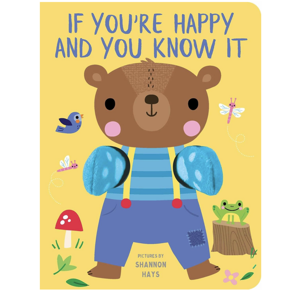 Board book cover with illustration of a bear with space for the readers fingers to turn each character into a finger puppet.