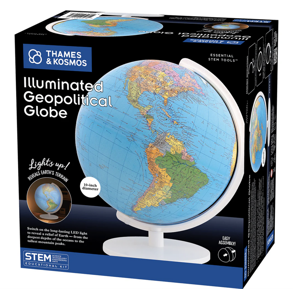 Illuminated Geopolitical Globe packaged in a black box with color pictures of the globe on it's stand. 