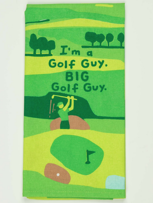  Folded dish towel that shows illustration of a golf player that reads "I'm a Golf Guy Big Golf Guy"