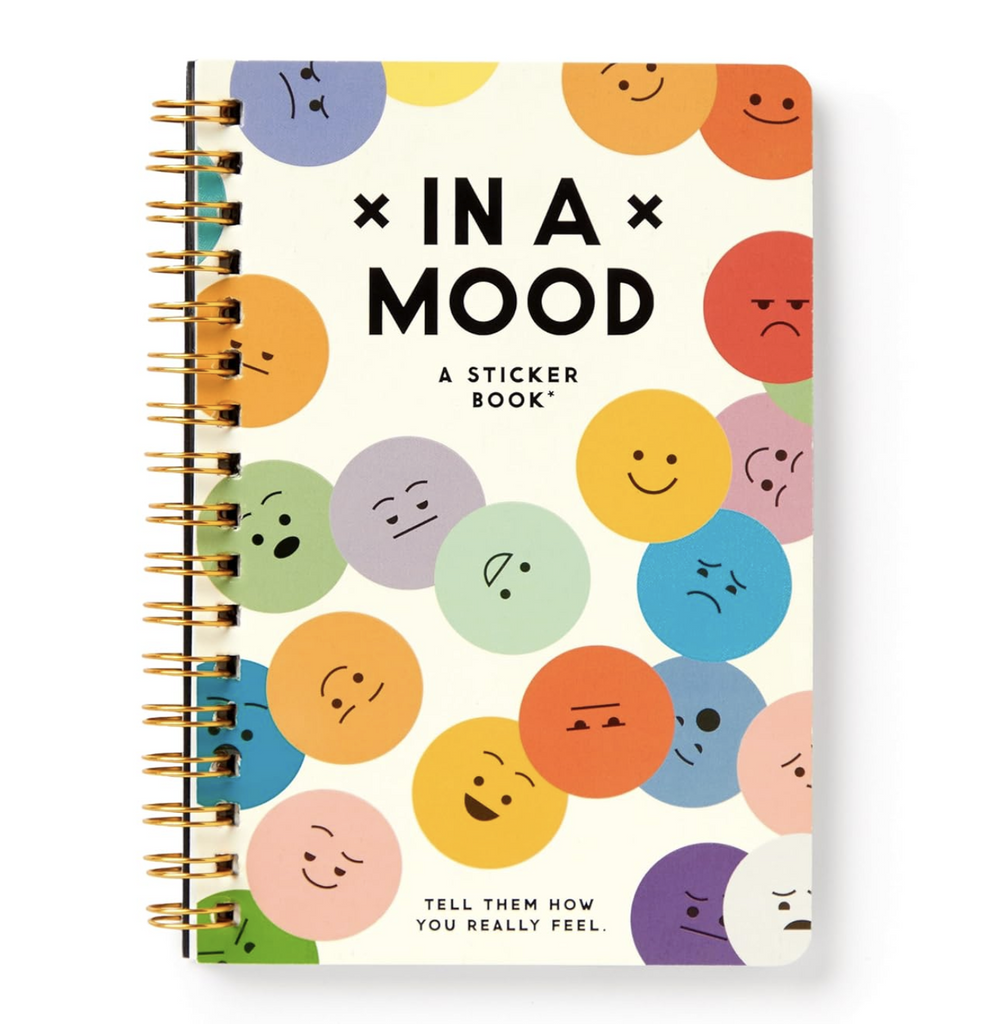 Spiral bound sticker book cover with different colored emotion stickers. 