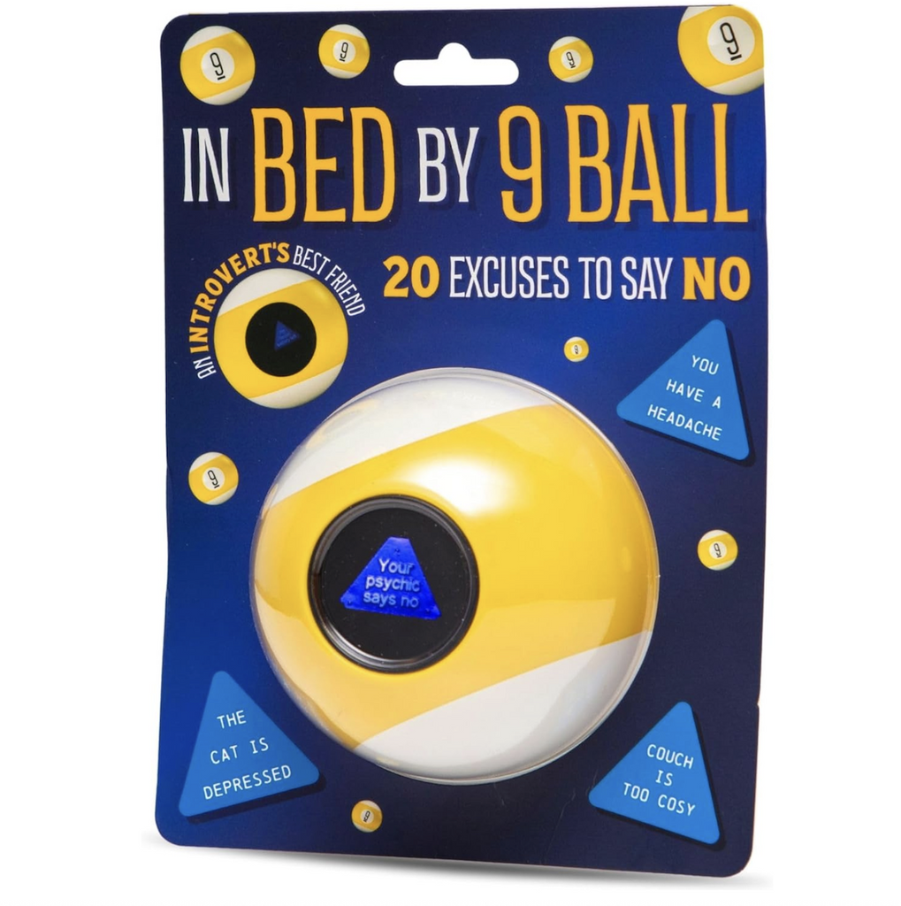 Yellow and white excuse ball packaged in clear plastic on a blue backing card with examples of the "excuses" you may get when asking a question. Such as "The at is depressed", "couch is too cosy" and "you have a headache" 