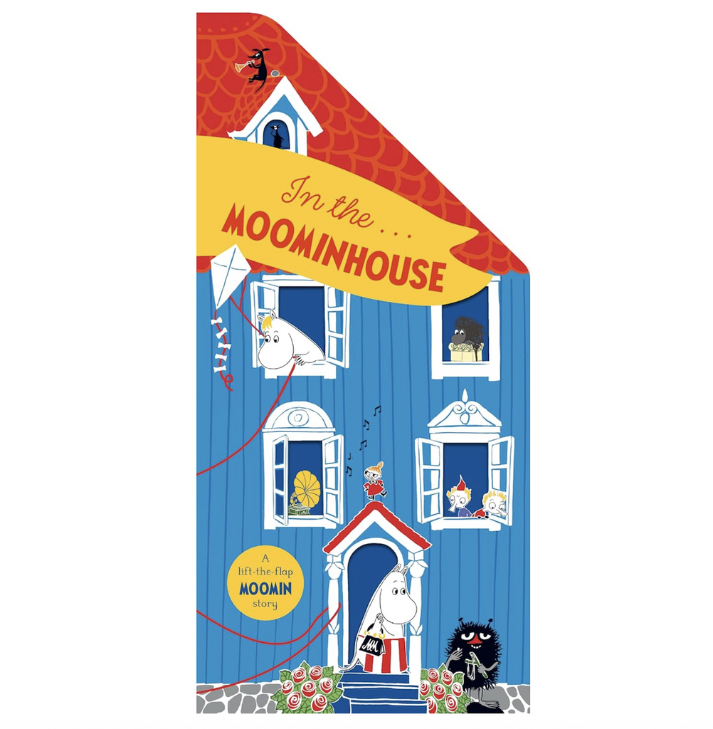 House shaped illustrated to look like the Moomin house with beloved characters in the windows. 