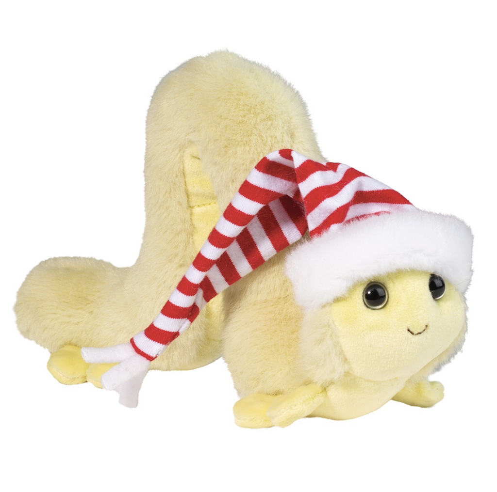 Plush inchworm wearing a red and white striped hat with fur trim. 