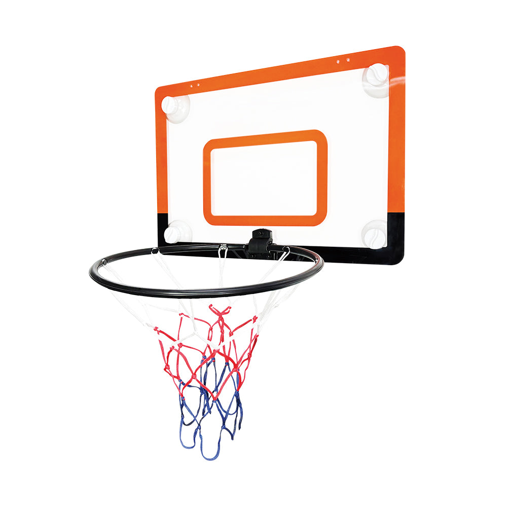 The Incredible B-Ball Hoop, it has a clear backboard with orange outline and sweet spot box, black rim and red, white and blue net.