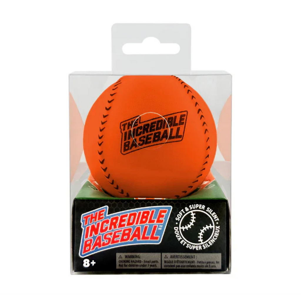 Orange slient baseball in packaging with 'The Incredible Baseball' branding on a white background