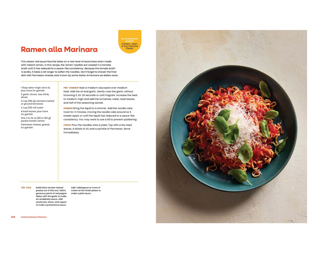 Ramen alla Marinara dish on a plate with text on a white background