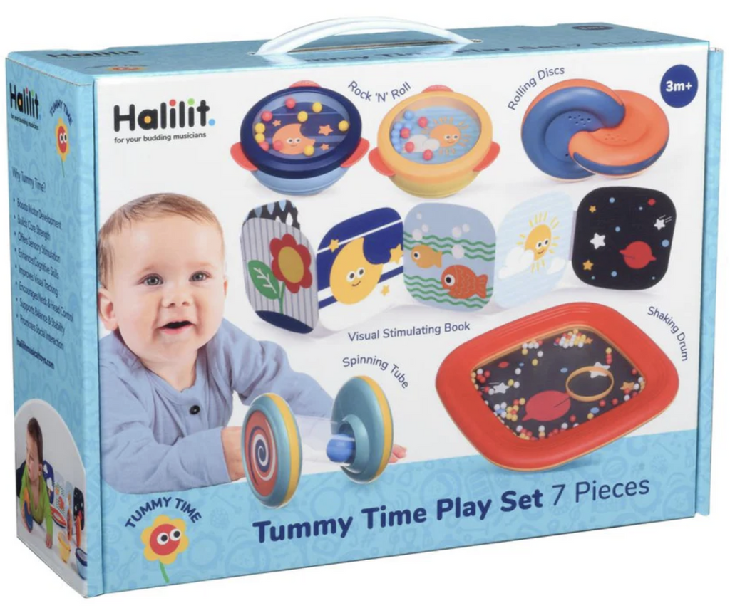 Box for the Tummy Time Play Set with a baby lying on his stomach playing with one of the seven toys included in the set. 