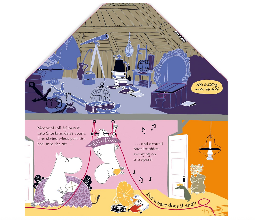 Interior pages from In The Moominhouse asking the reader to discover who or what is hiding behind the flaps placed in the story. 
