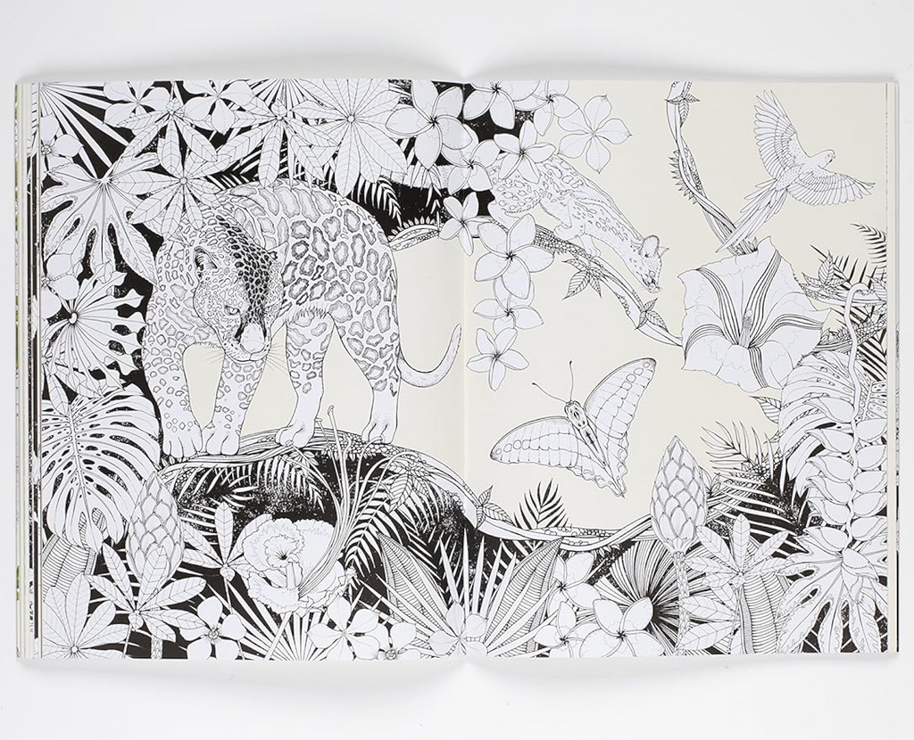 Internal pages from Into the Wild coloring book with an image of a leopard amongst various plants and flowers. 