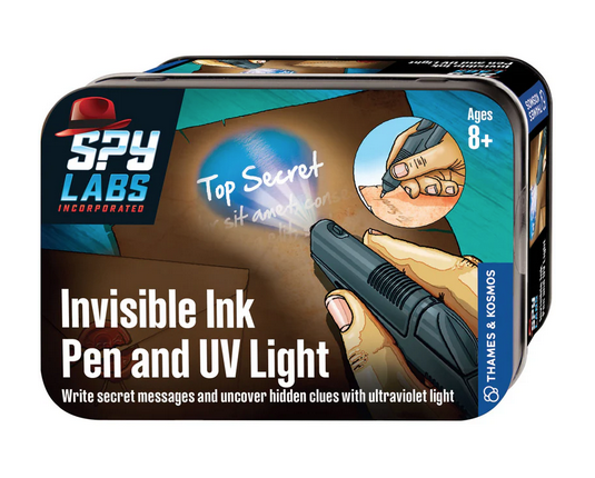 Illustrated tin that holds the Invisible Ink Pen and UV Light .