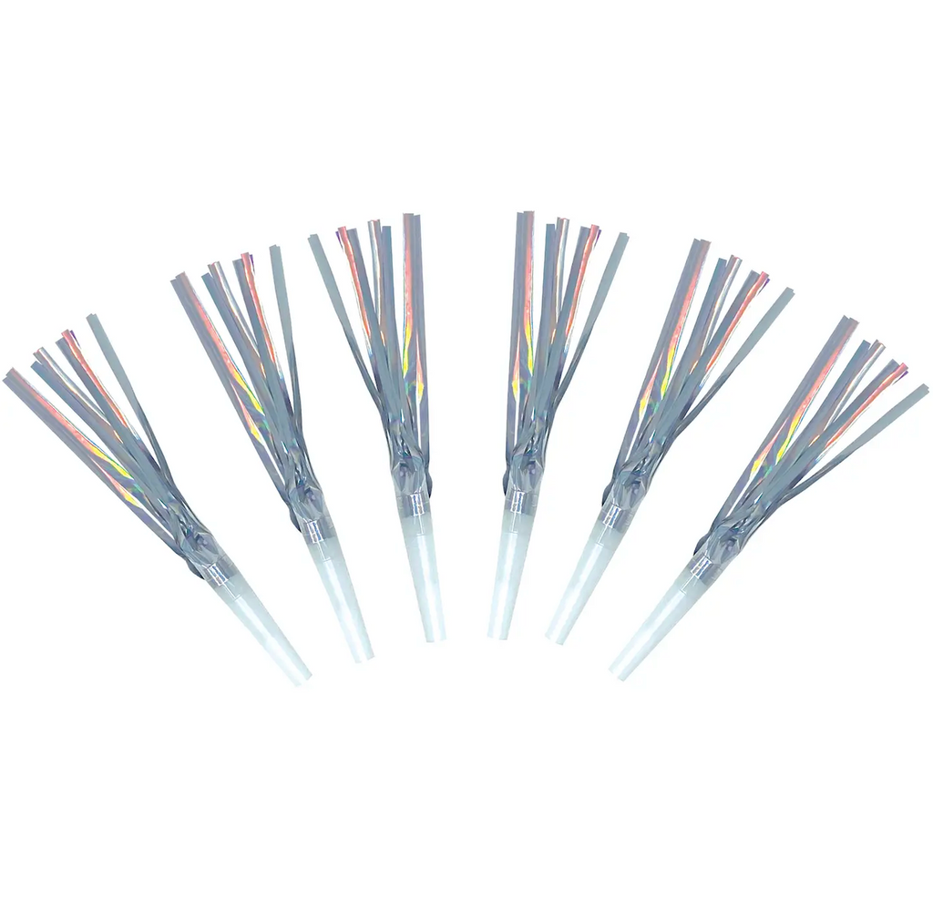 Set of six iridescent party whistles. 