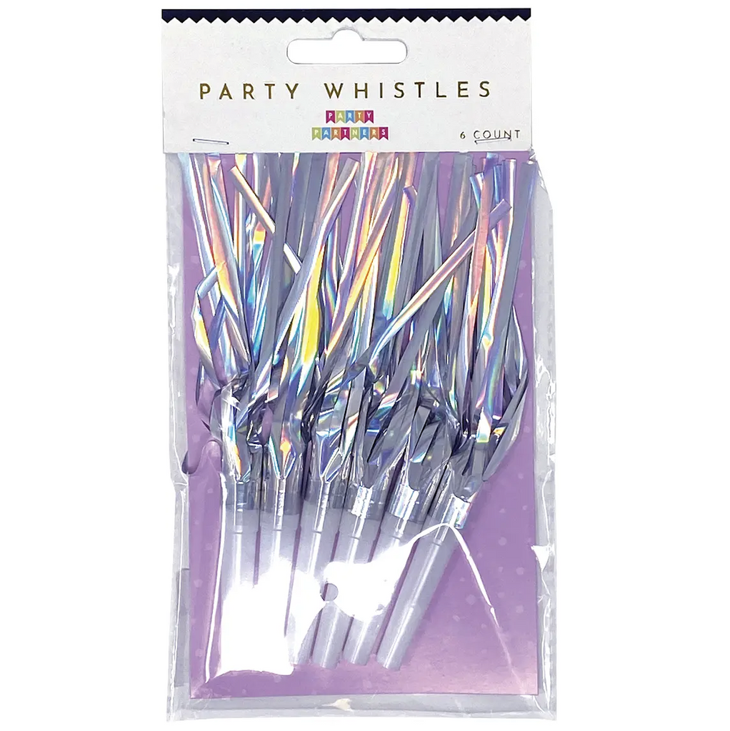 Set of 6 party blowers with iridescent ribbon on the ends packaged in a clear cellophane bag. 