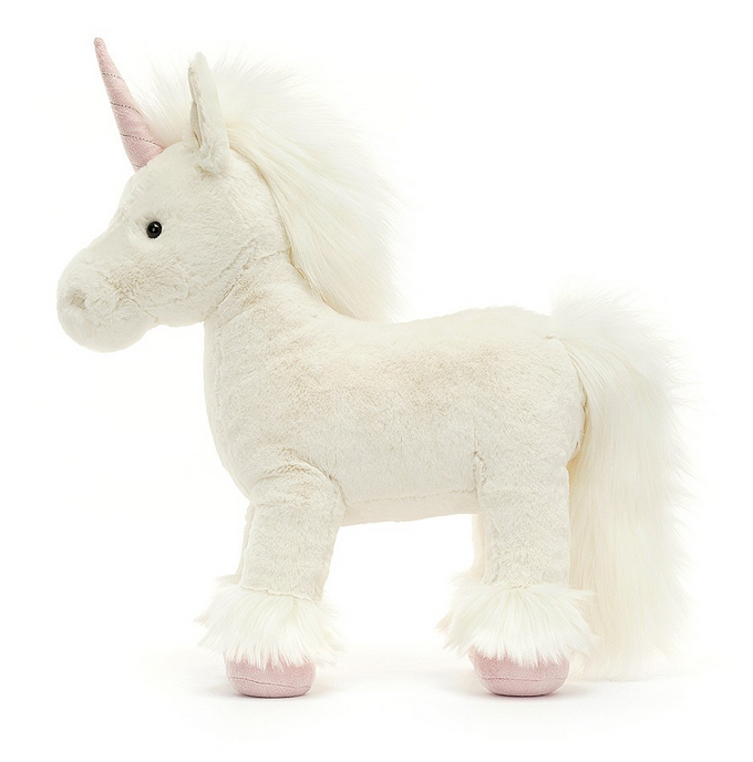 Isadora Unicorn has clotted-cream fur with a plume mane and tail, silky feather and a pink twist horn stitched with silver thread.