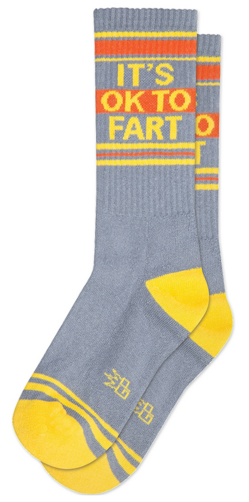 Heather grey socks with yellow and orange accents that read "It's OK To Fart".