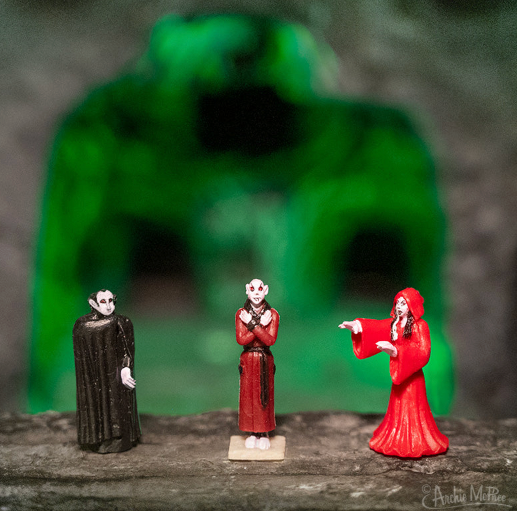 Close up view of each of the classic vampire figures in the Itty Bitty Vampire set. 