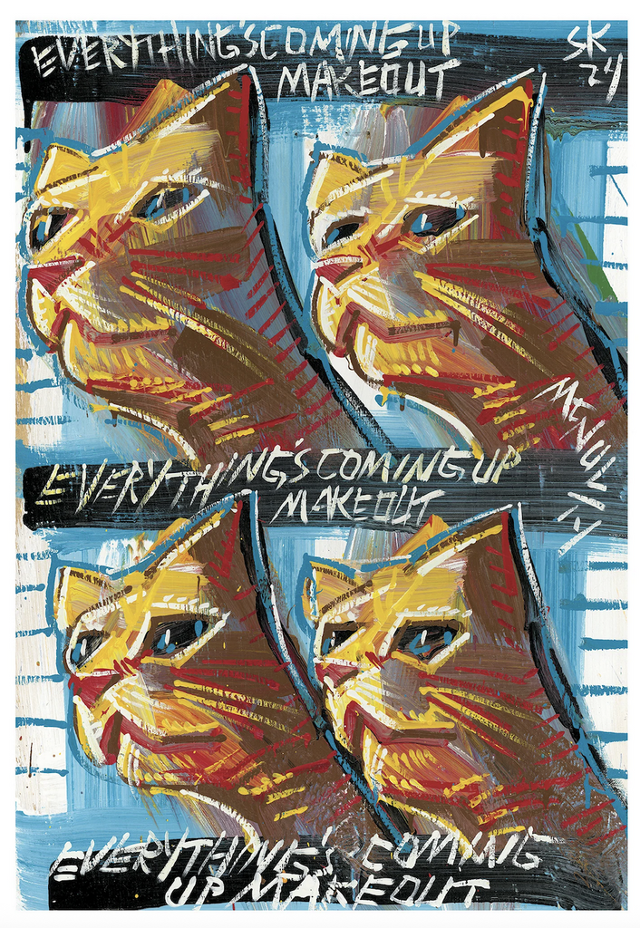 Illustrated cover for Everything's Coming Up Makeout with a rough sketch of an orange cat repeated in four panels. 
