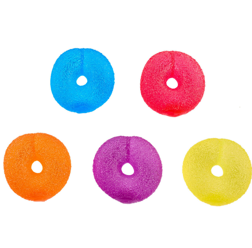 Five colors of the Donut Dough Squishy toy which are soft, doughy textured colorful ring-shaped fidgets in blue, red, orange, purple and yellow. 