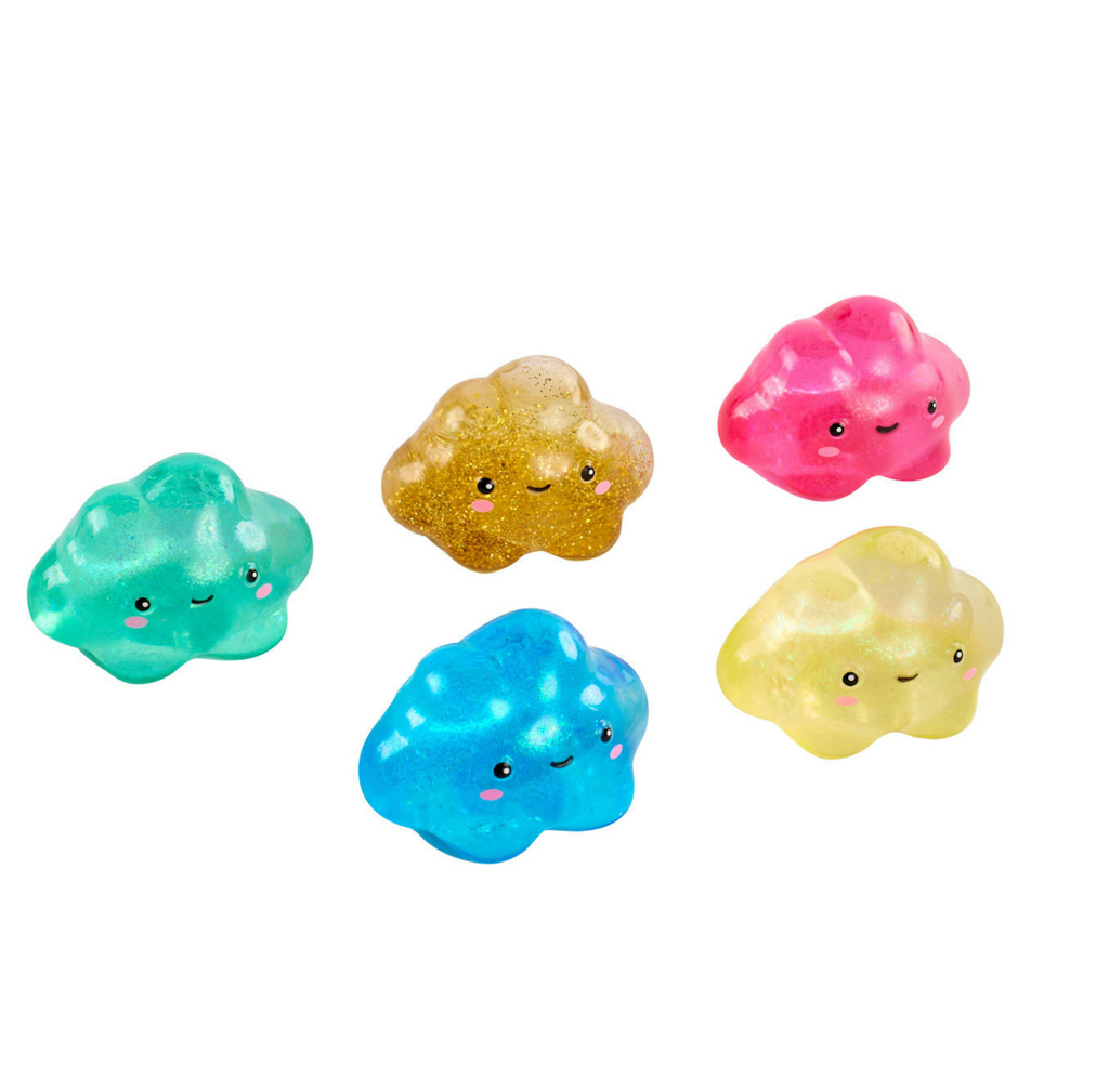Five colors of the cloud shaped glitter squishy toys: green, gold, pink, blue and yellow. 